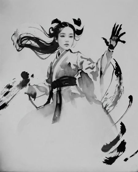 319501491-_lora_zyd232_InkStyle_v1_0_1.2_ zydink, monochrome, ink sketch, 1girl, fighting stance, open hand, looking at viewer, long hair,.jpg